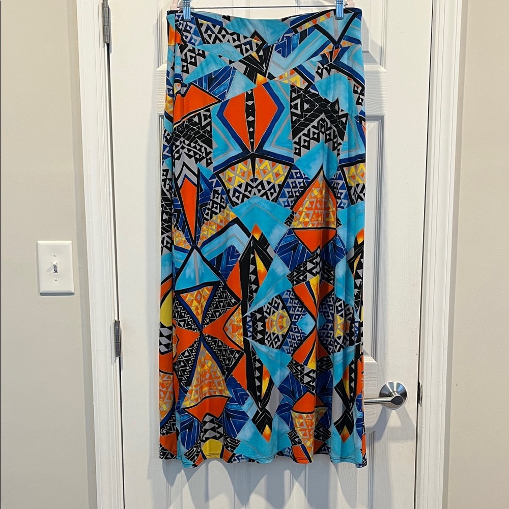 ECI Geometric Orange and Blue Artsy Maxi Skirt